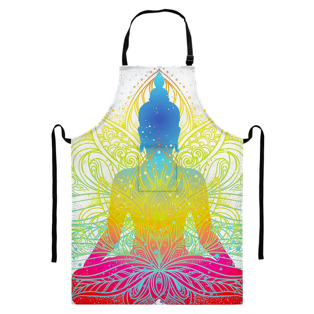 Colorful Buddha Lotus Print Bib Apron With Pocket