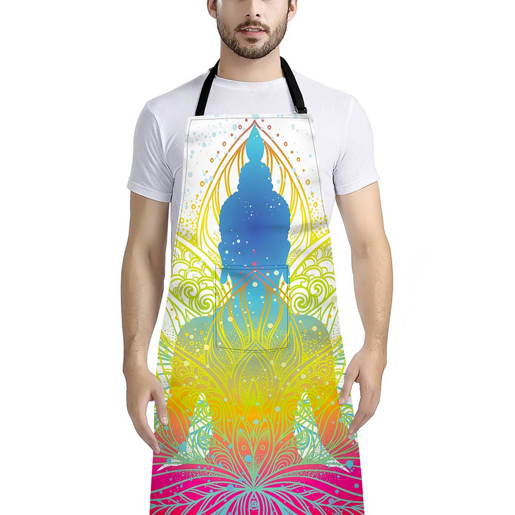 Colorful Buddha Lotus Print Bib Apron With Pocket
