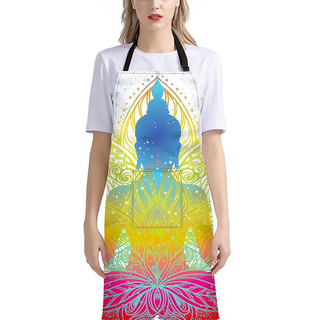 Colorful Buddha Lotus Print Bib Apron With Pocket