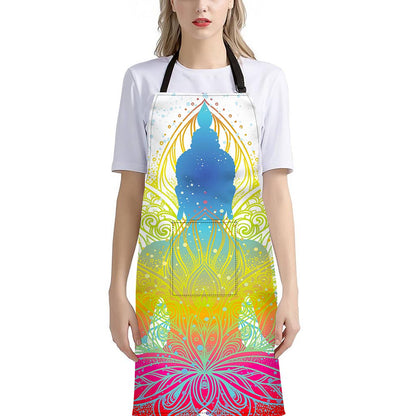 Colorful Buddha Lotus Print Bib Apron With Pocket
