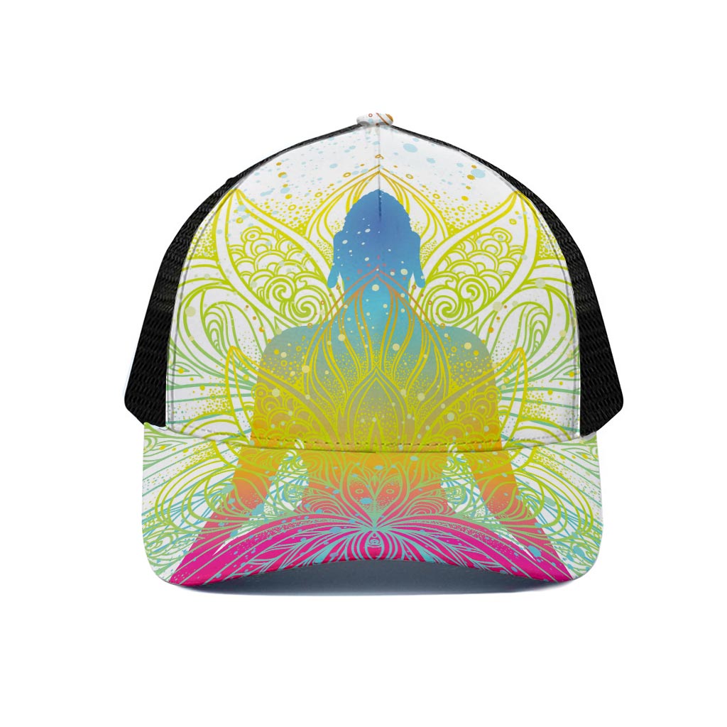 Colorful Buddha Lotus Print Black Mesh Trucker Cap