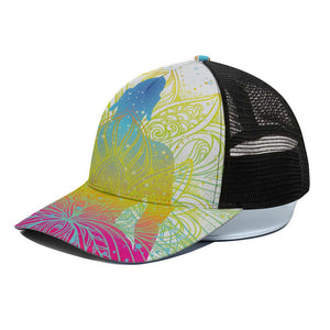 Colorful Buddha Lotus Print Black Mesh Trucker Cap