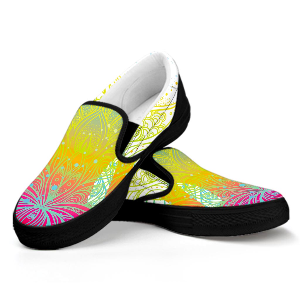 Colorful Buddha Lotus Print Black Slip On Sneakers