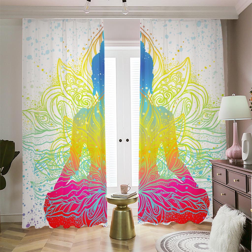 Colorful Buddha Lotus Print Blackout Pencil Pleat Curtains