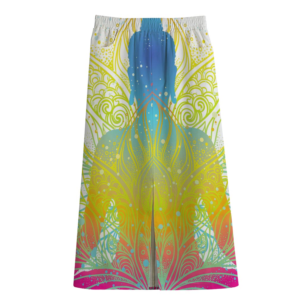 Colorful Buddha Lotus Print Cotton Front Slit Maxi Skirt