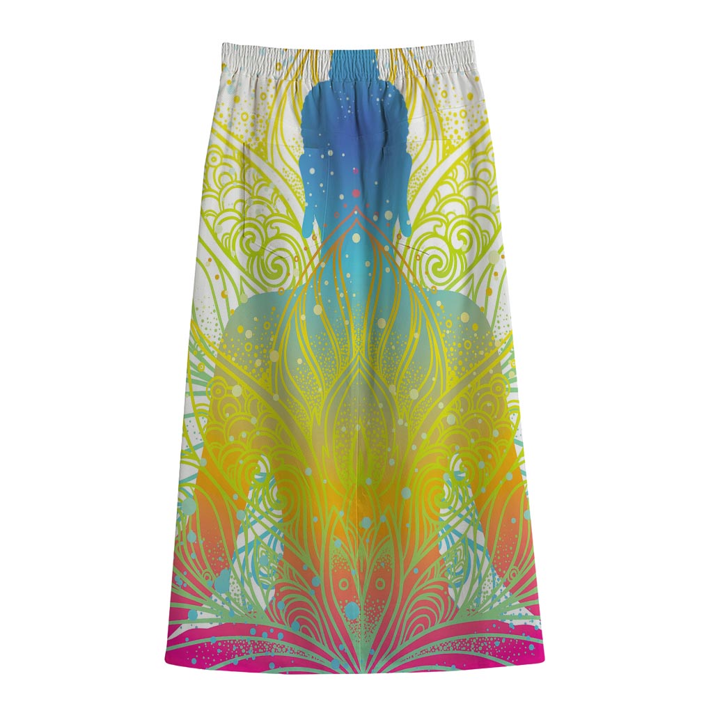 Colorful Buddha Lotus Print Cotton Front Slit Maxi Skirt