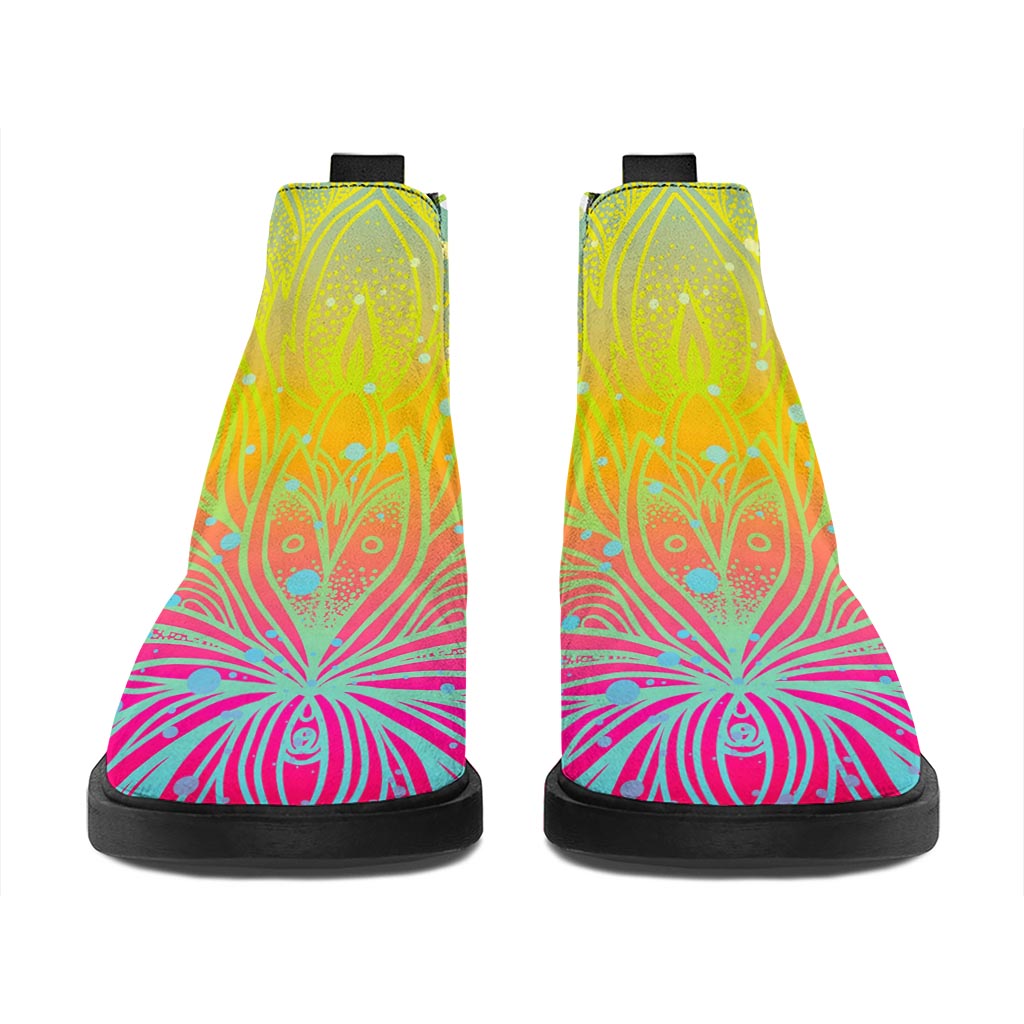 Colorful Buddha Lotus Print Flat Ankle Boots