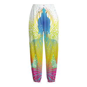 Colorful Buddha Lotus Print Fleece Lined Knit Pants