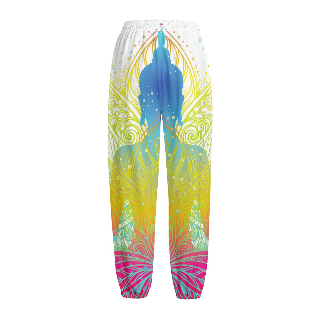 Colorful Buddha Lotus Print Fleece Lined Knit Pants