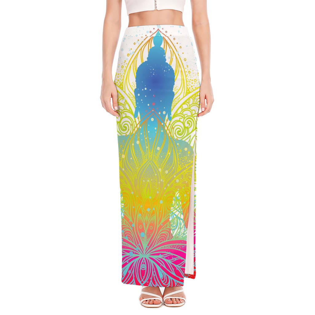 Colorful Buddha Lotus Print High Slit Maxi Skirt