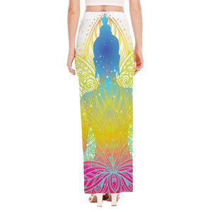 Colorful Buddha Lotus Print High Slit Maxi Skirt