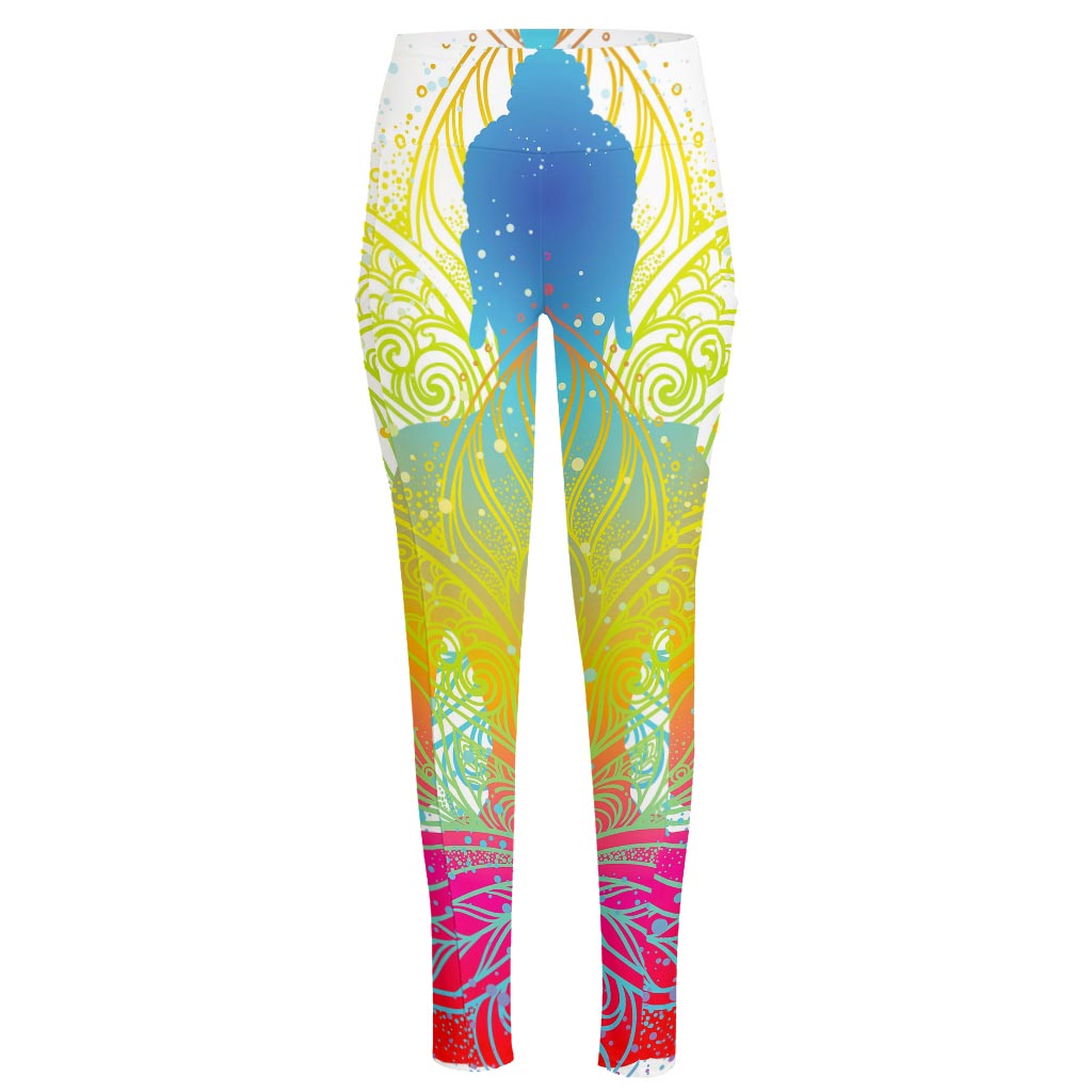 Colorful Buddha Lotus Print High-Waisted Pocket Leggings