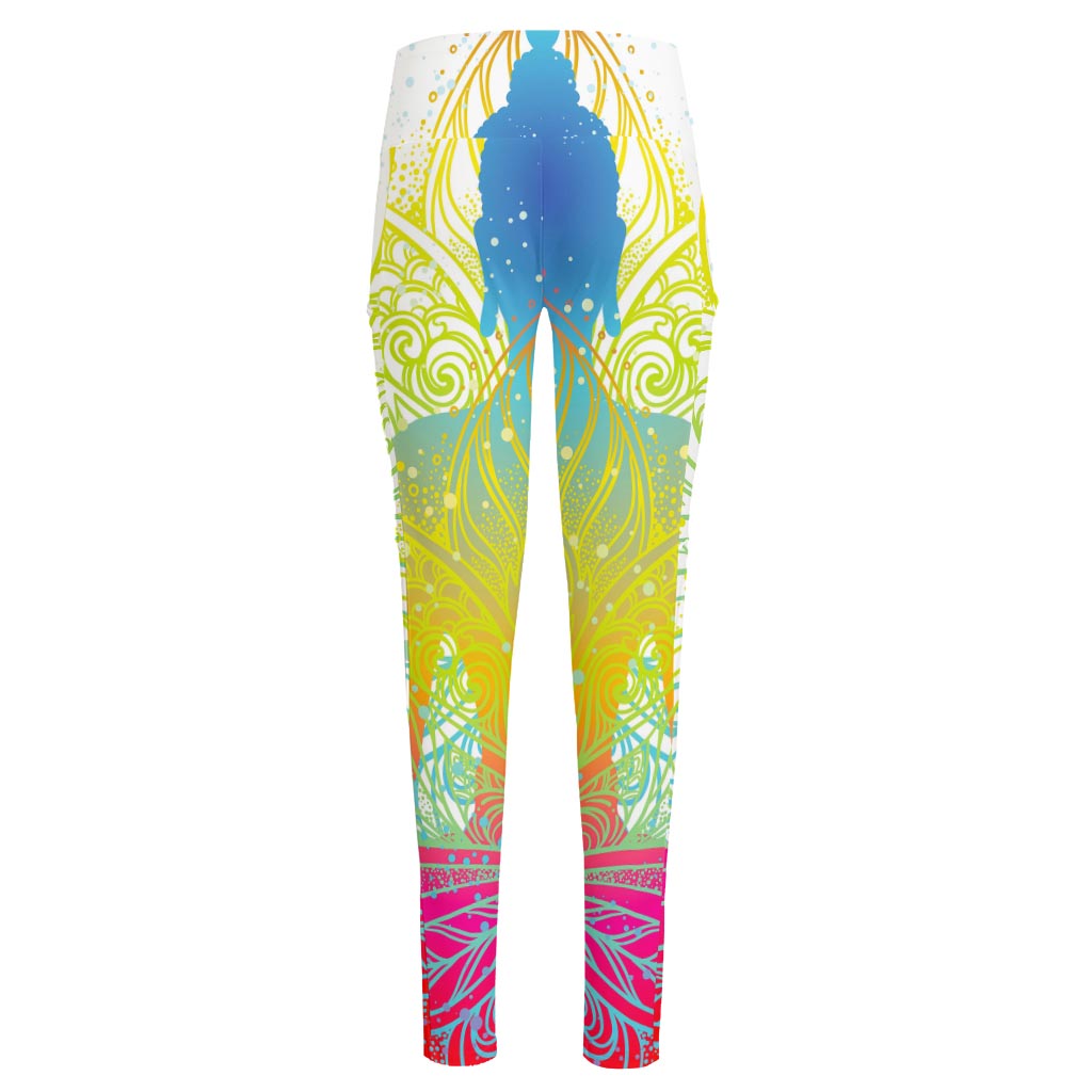 Colorful Buddha Lotus Print High-Waisted Pocket Leggings