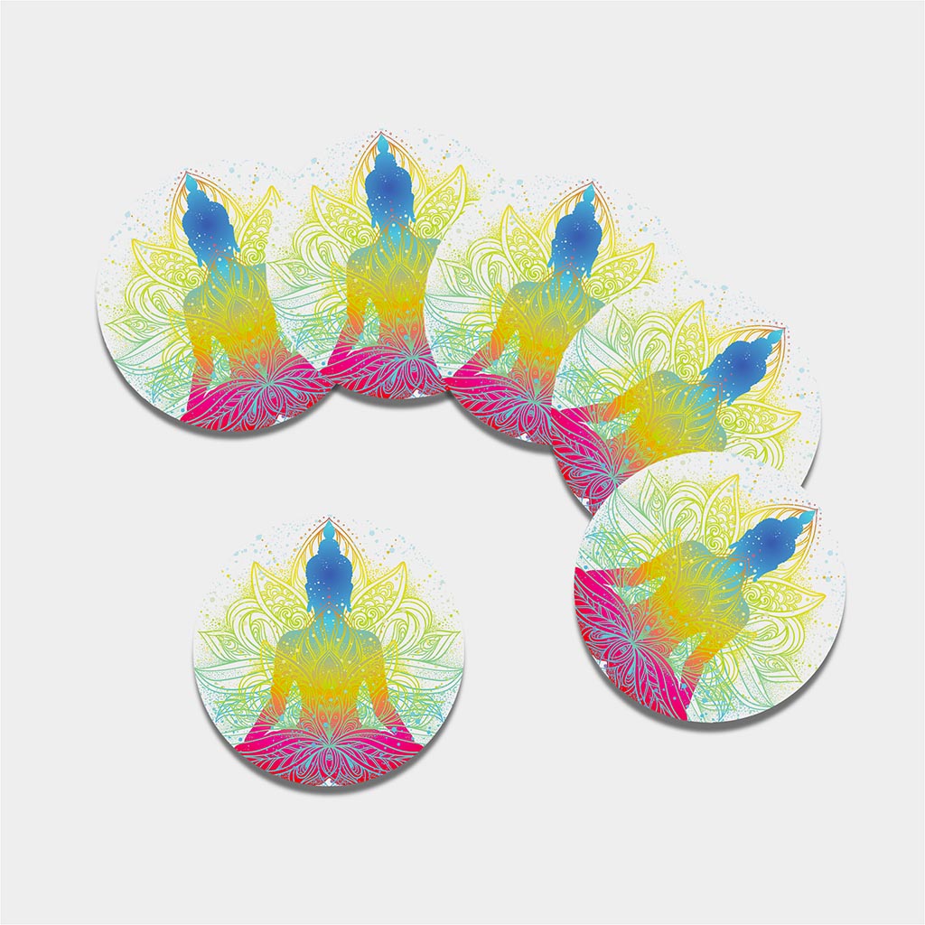 Colorful Buddha Lotus Print Leather Coaster Set