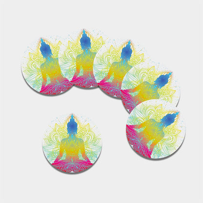 Colorful Buddha Lotus Print Leather Coaster Set