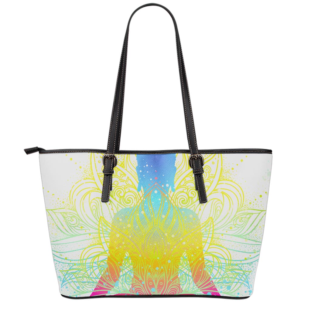 Colorful Buddha Lotus Print Leather Tote Bag