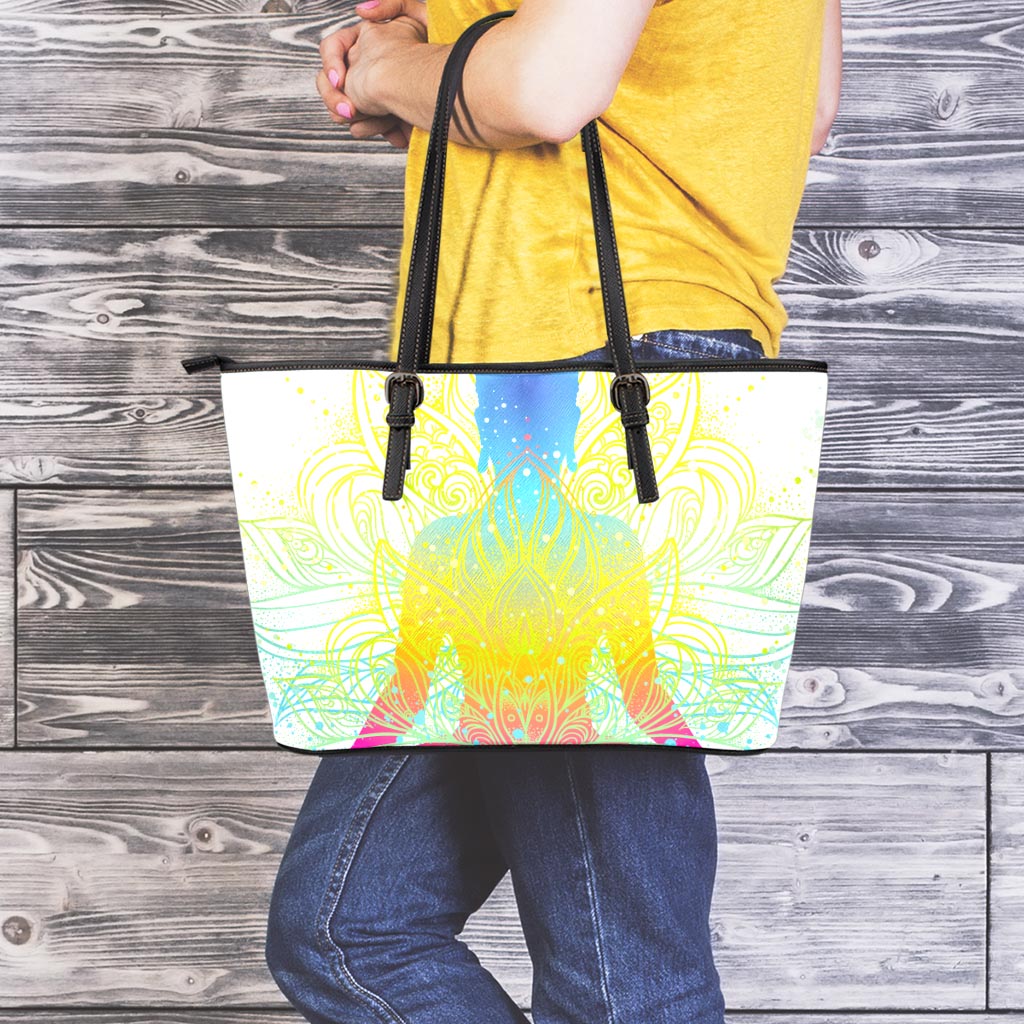 Colorful Buddha Lotus Print Leather Tote Bag