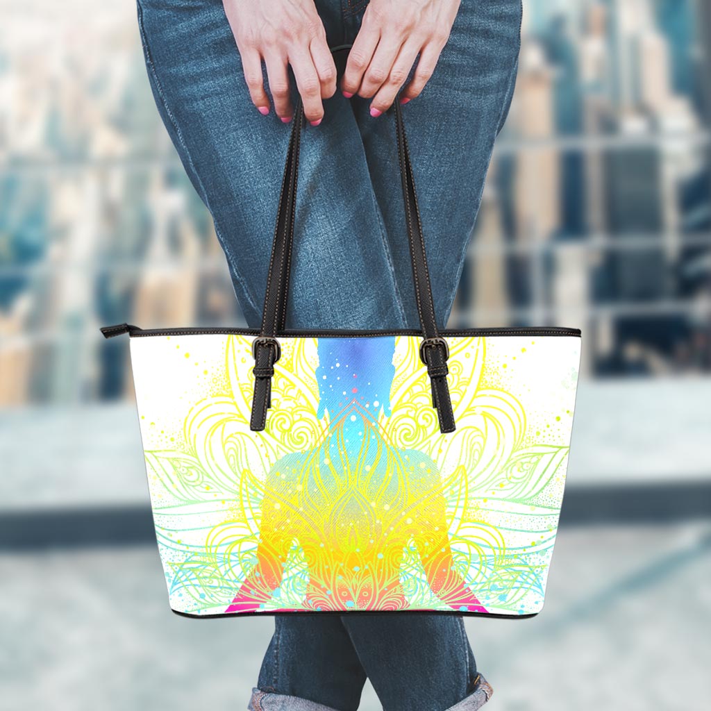 Colorful Buddha Lotus Print Leather Tote Bag