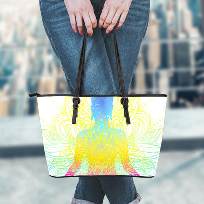 Colorful Buddha Lotus Print Leather Tote Bag