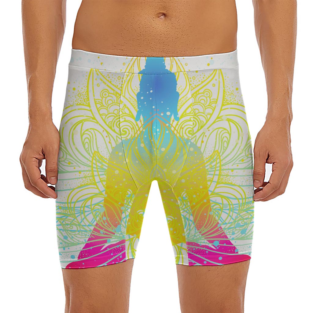 Colorful Buddha Lotus Print Men's Long Boxer Briefs