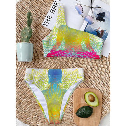 Colorful Buddha Lotus Print One Shoulder Bikini Top