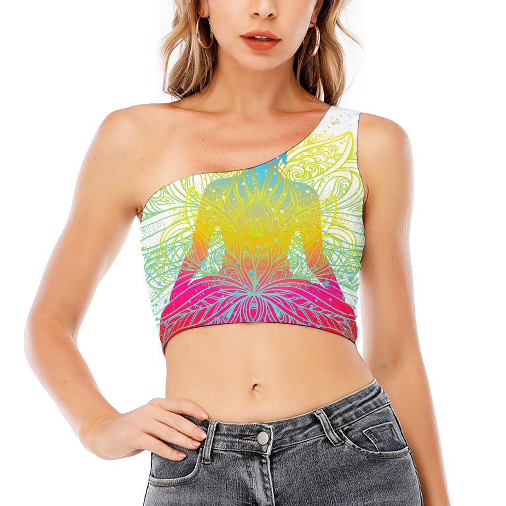 Colorful Buddha Lotus Print One Shoulder Crop Top