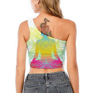 Colorful Buddha Lotus Print One Shoulder Crop Top