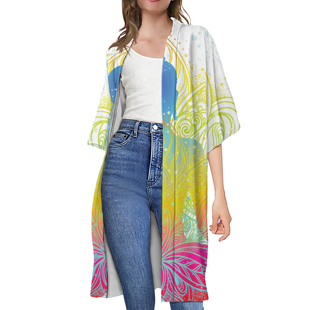 Colorful Buddha Lotus Print Open Front Beach Cover Up