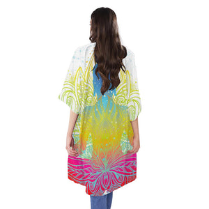 Colorful Buddha Lotus Print Open Front Beach Cover Up