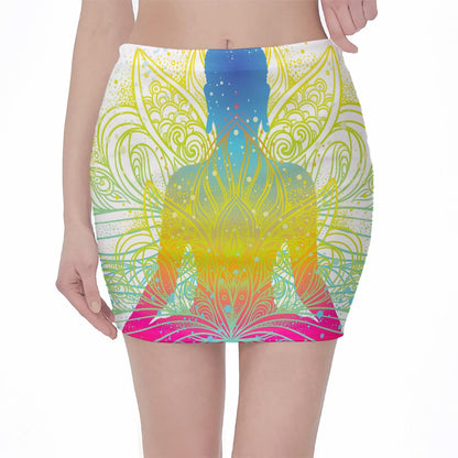 Colorful Buddha Lotus Print Pencil Mini Skirt