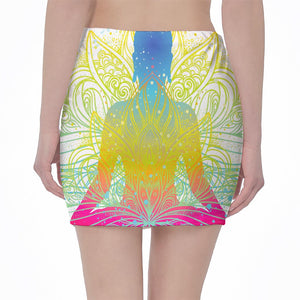 Colorful Buddha Lotus Print Pencil Mini Skirt