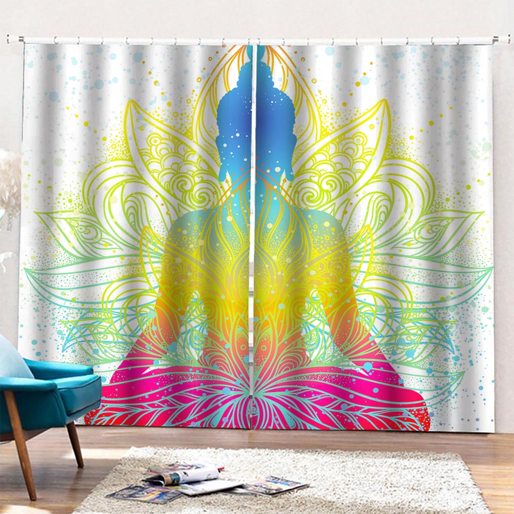 Colorful Buddha Lotus Print Pencil Pleat Curtains