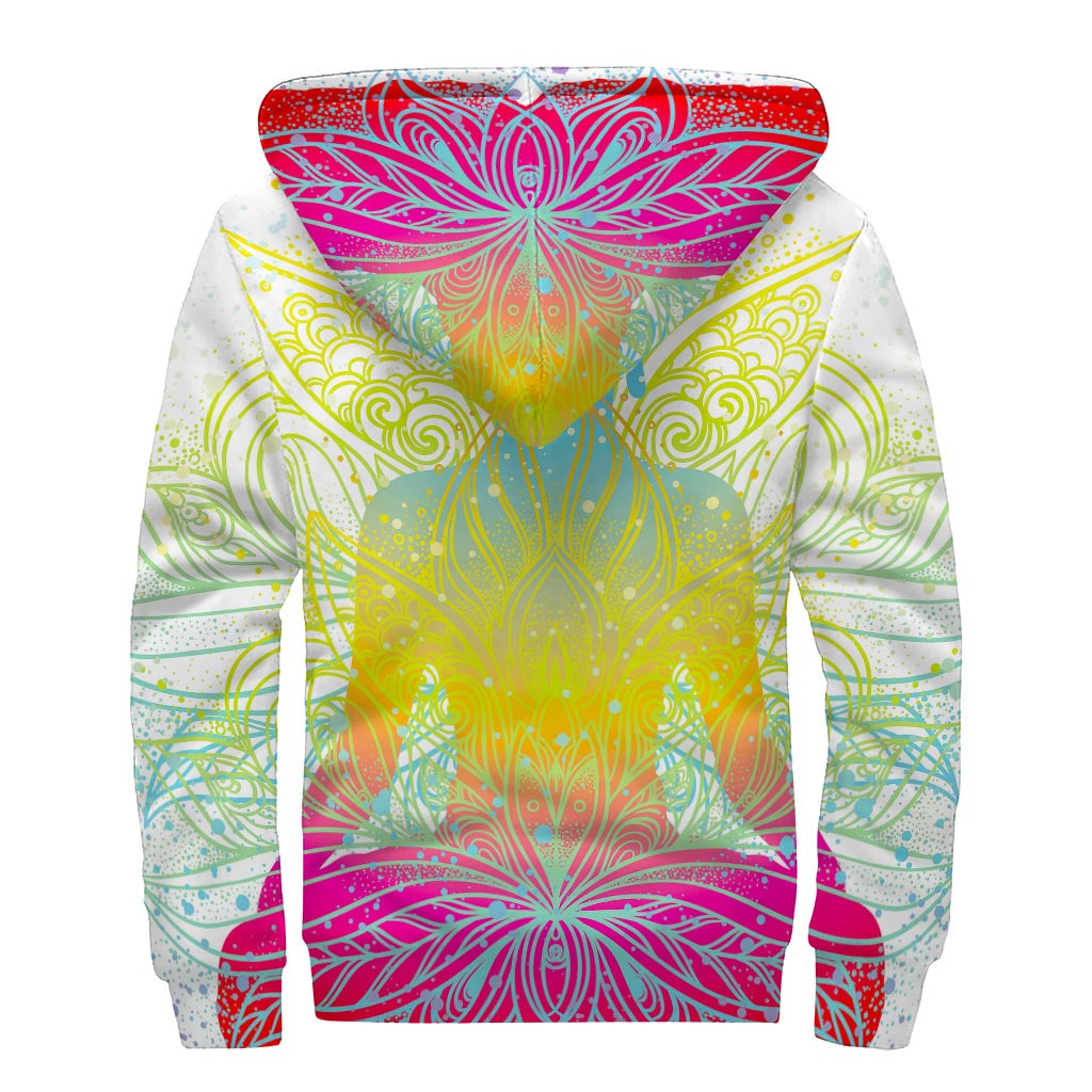 Colorful Buddha Lotus Print Sherpa Lined Zip Up Hoodie