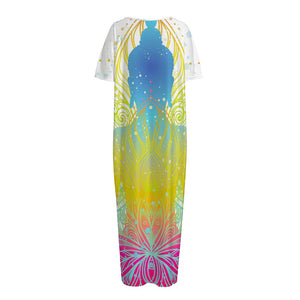 Colorful Buddha Lotus Print Short Sleeve Long Nightdress