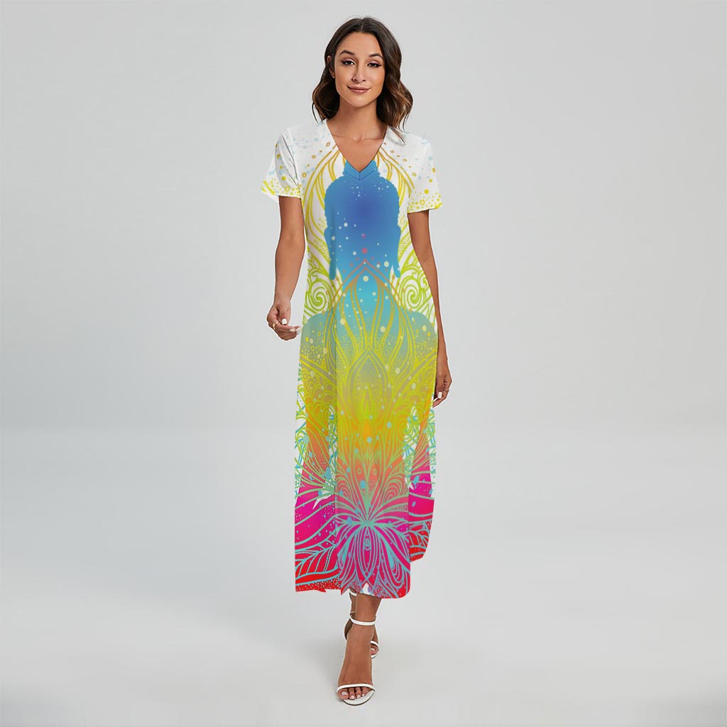 Colorful Buddha Lotus Print Short Sleeve Maxi Dress