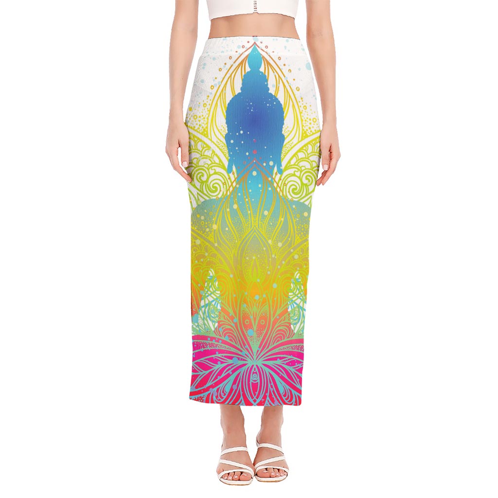 Colorful Buddha Lotus Print Side Slit Maxi Skirt