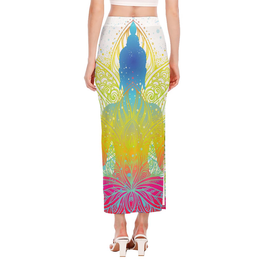 Colorful Buddha Lotus Print Side Slit Maxi Skirt