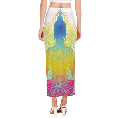 Colorful Buddha Lotus Print Side Slit Maxi Skirt