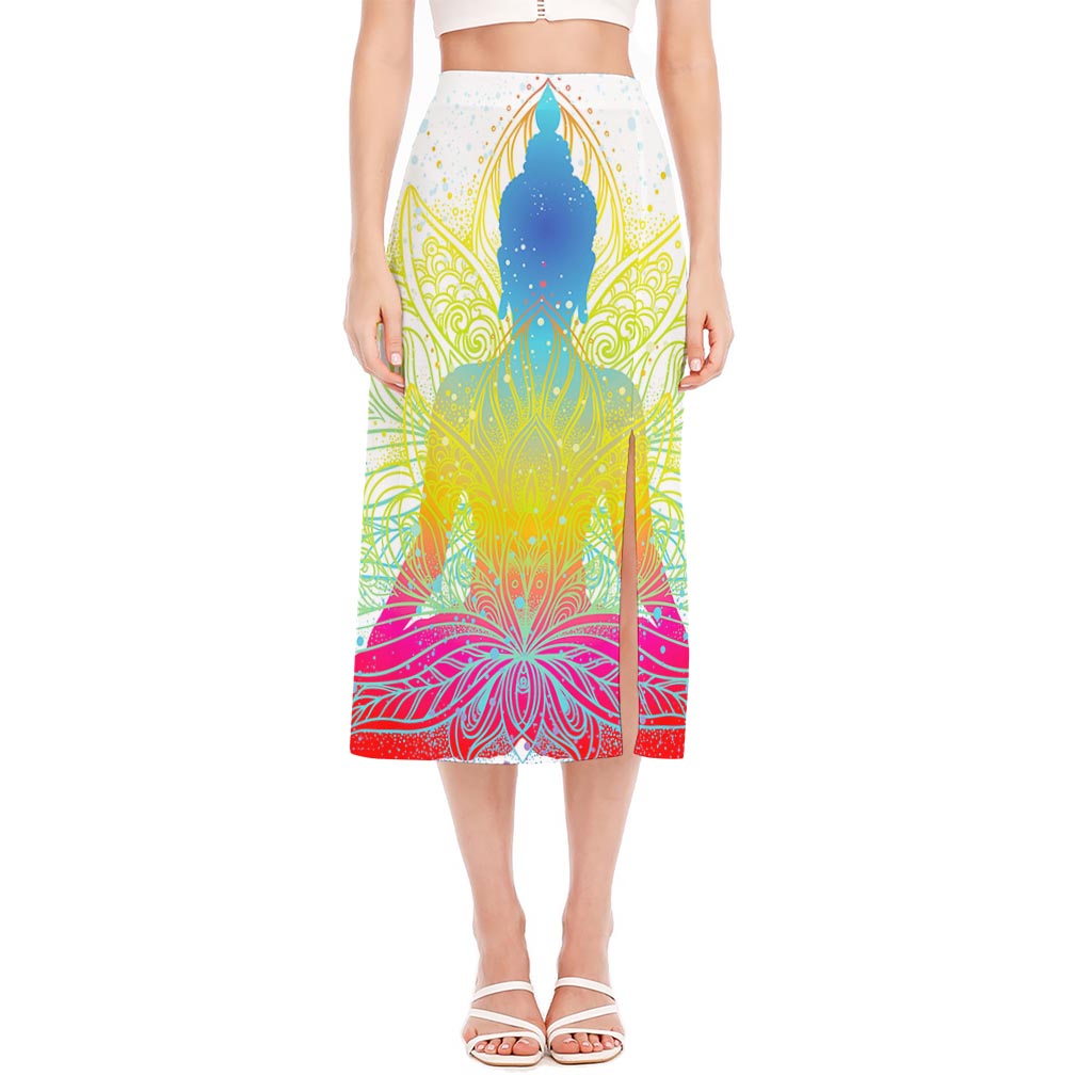 Colorful Buddha Lotus Print Side Slit Midi Skirt