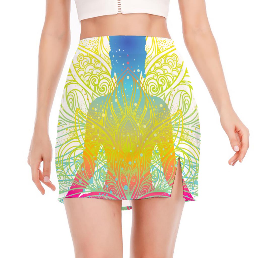 Colorful Buddha Lotus Print Side Slit Mini Skirt