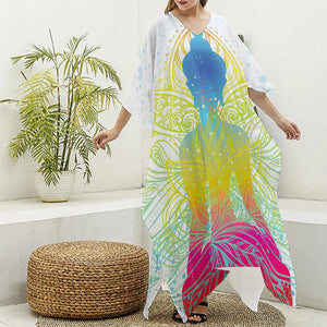 Colorful Buddha Lotus Print Silk V-Neck Kaftan Dress