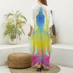 Colorful Buddha Lotus Print Silk V-Neck Kaftan Dress