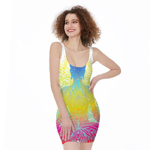 Colorful Buddha Lotus Print Sleeveless Bodycon Dress