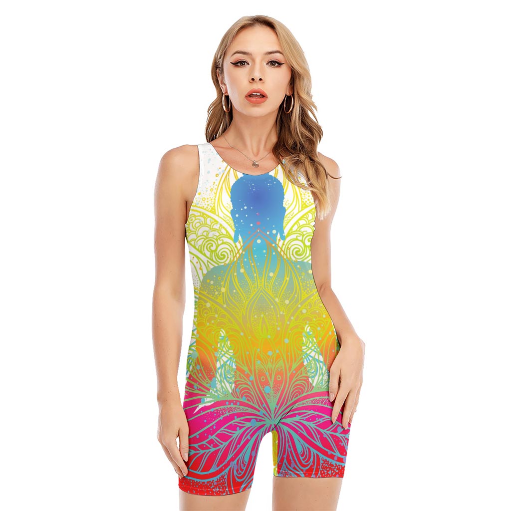 Colorful Buddha Lotus Print Sleeveless One Piece Swimsuit