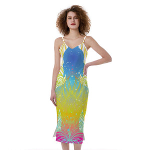 Colorful Buddha Lotus Print Slim Fit Midi Cami Dress