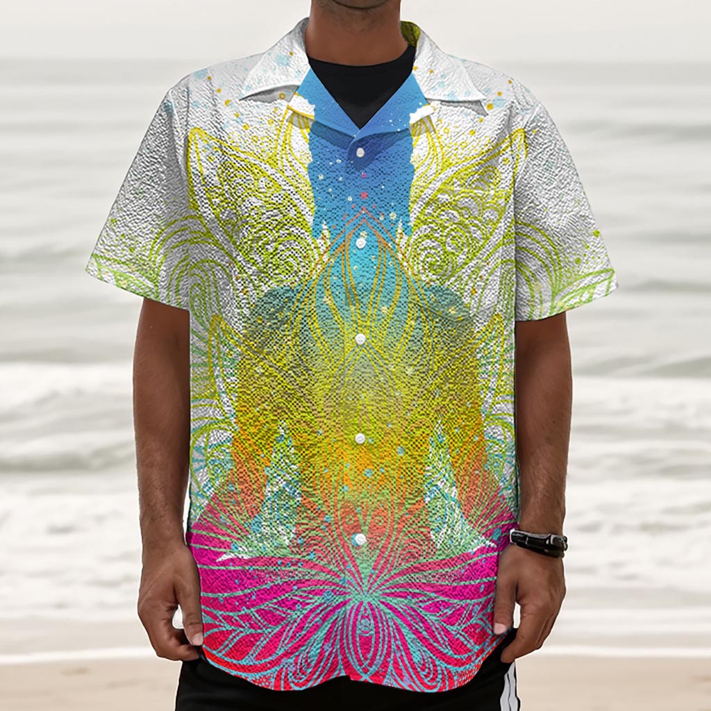 Colorful Buddha Lotus Print Textured Short Sleeve Shirt