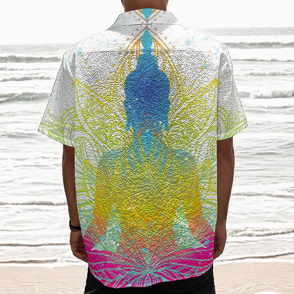 Colorful Buddha Lotus Print Textured Short Sleeve Shirt