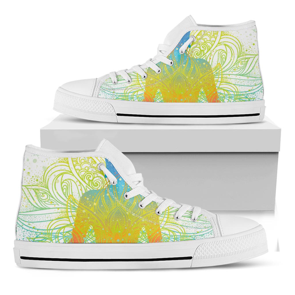 Colorful Buddha Lotus Print White High Top Sneakers