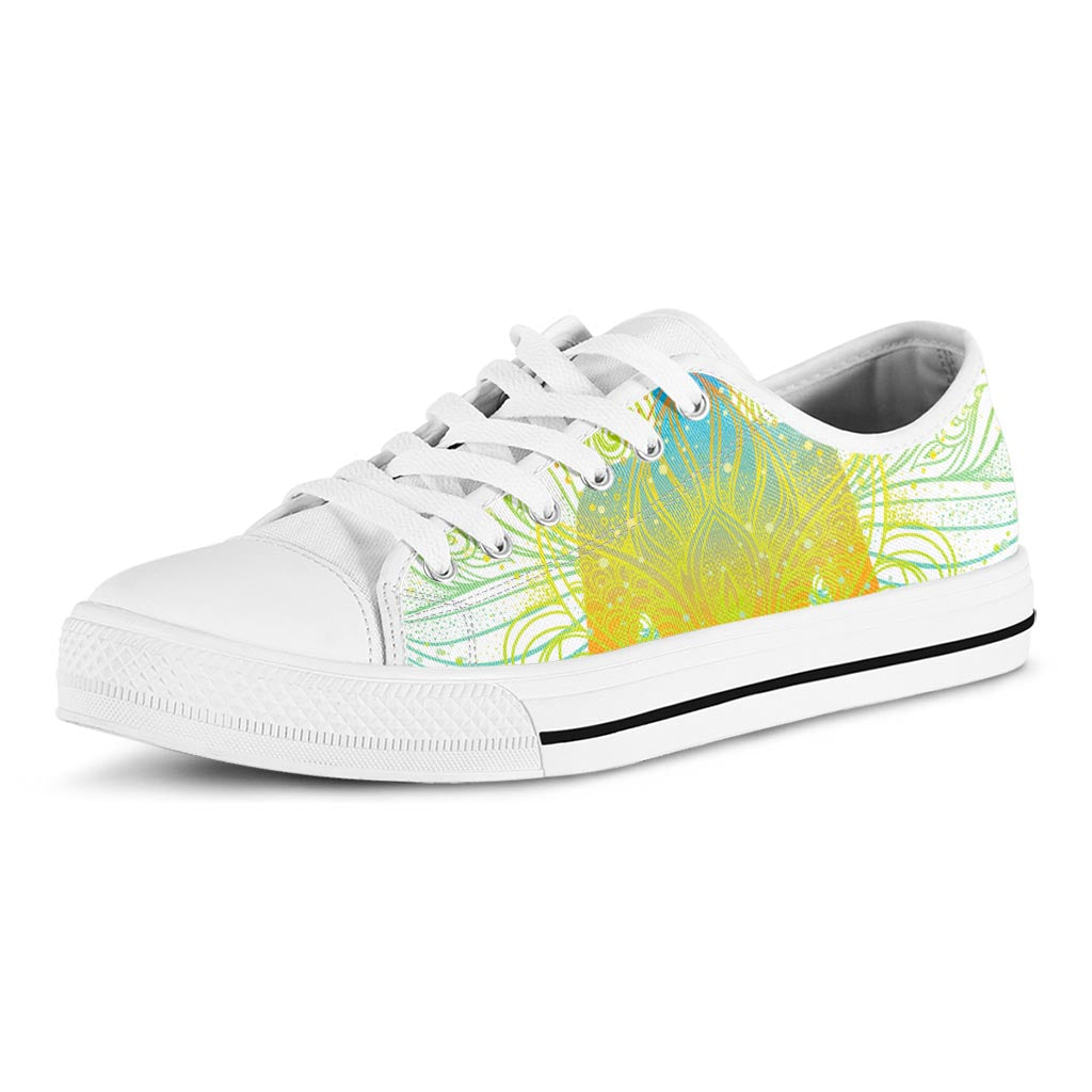 Colorful Buddha Lotus Print White Low Top Sneakers