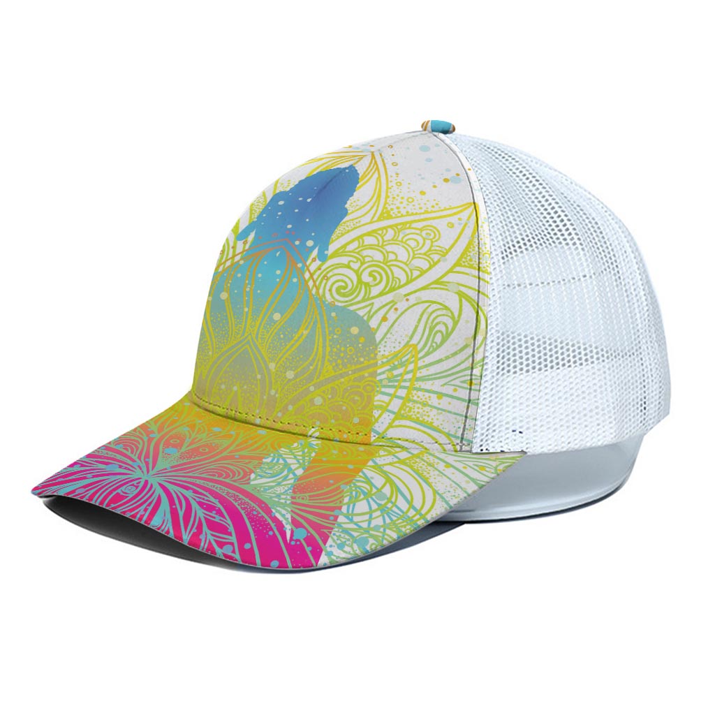 Colorful Buddha Lotus Print White Mesh Trucker Cap